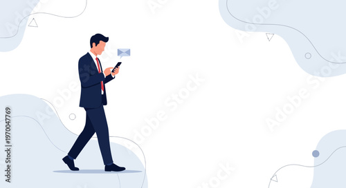 Businessman walking and checking phone for messages, modern abstract background