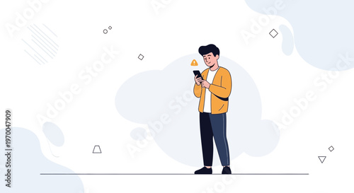 Man receives notification on smartphone, warning symbol, modern illustration
