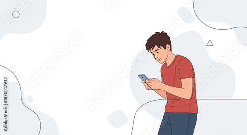 Young Man Texting on Smartphone with Abstract Background