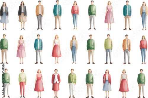 Flat illustration of diverse people standing, fashion outfits, modern clothing style, male and female characters, casual look, group design
