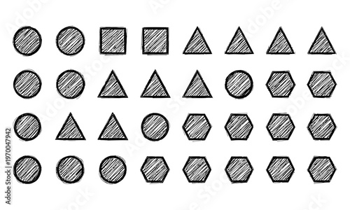 Diverse geometric shapes with varying fill patterns and outlines in black and white