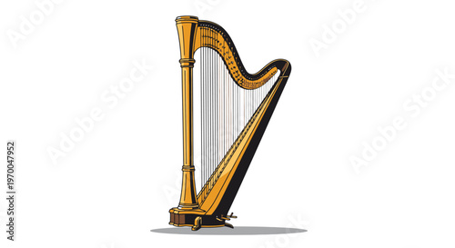 Golden Harp Instrument on White Background