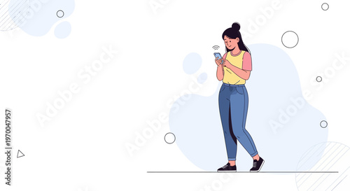 Young woman in jeans and yellow top texting on smartphone, minimalist background