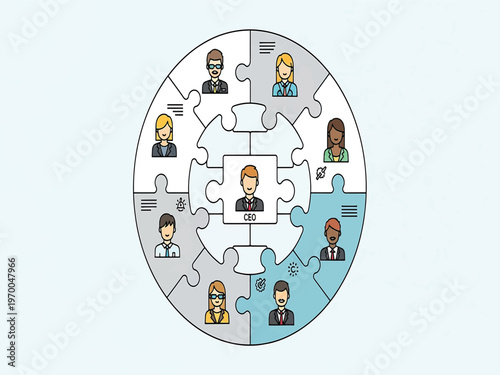 Strategic Business Teamwork and Leadership Model Depicted as Interconnected Puzzle Pieces Around a Central CEO