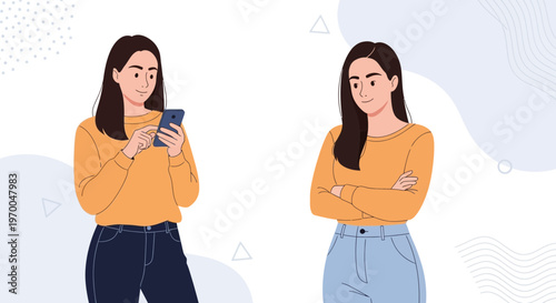 Woman with phone and her reflection showing doubt