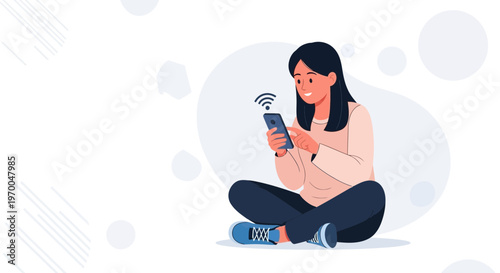 Young woman sitting cross-legged, happily using smartphone with Wi-Fi signal icon