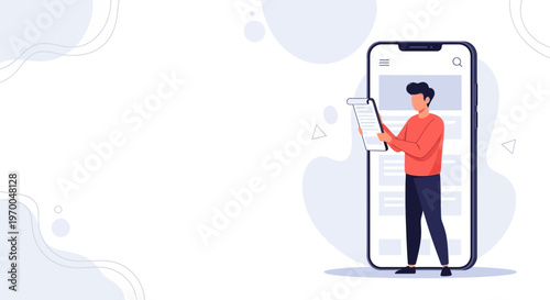 Man Reading List on Smartphone Screen, Online Shopping, Digital Content Consumption