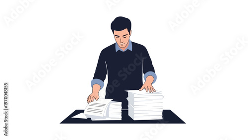 Man Organizing Paperwork Stacked on Desk