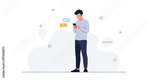 Man Texting on Smartphone with Message Bubbles, Modern Flat Illustration