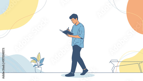 Man Writing in Notebook While Walking, Minimalist Illustration, Study and Productivity Concept