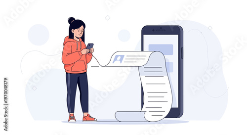 Woman using smartphone for online shopping, long receipt from phone, modern illustration