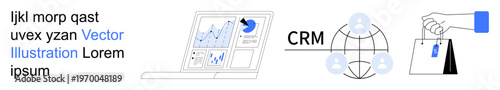 Data management, CRM, e-commerce, business analytics, marketing tools, shopping trends. A laptop displays analytics charts, CRM networks and a shopping bag. Data management and CRM system