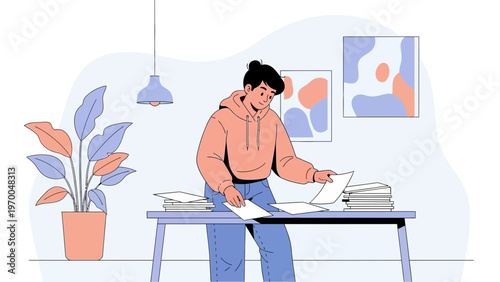 Young person sorting papers at a desk, modern illustration, home office concept