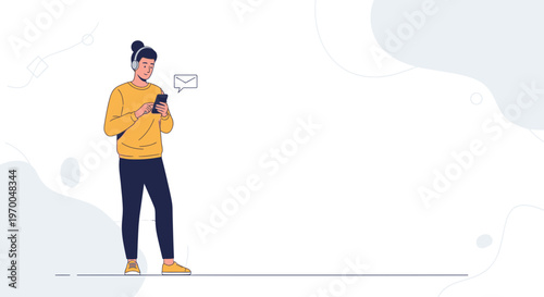 Man with headphones using smartphone, receiving message notification, modern illustration