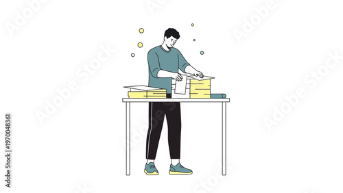 Man organizing documents and boxes on a table, minimalist illustration