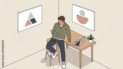 Man reading book in modern home office with abstract art and laptop