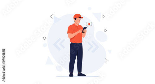 Delivery man checking phone notification with alert icon, modern flat illustration
