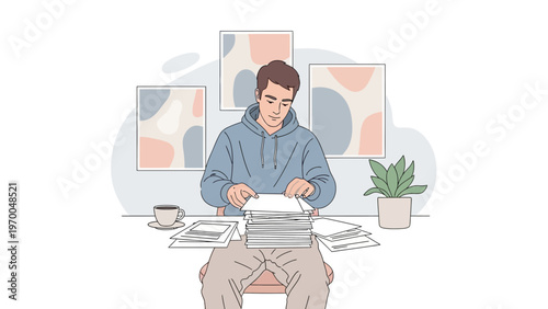 Man working with documents at desk, home office, modern illustration