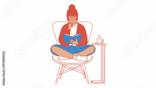 Woman Reading Book Relaxing on Chair with Coffee