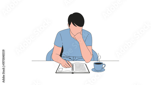 Student studying with coffee, feeling stressed and overwhelmed, writing in notebook