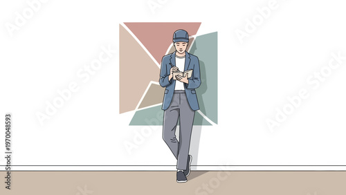 Young man in casual outfit writing in notebook, leaning against a geometric wall