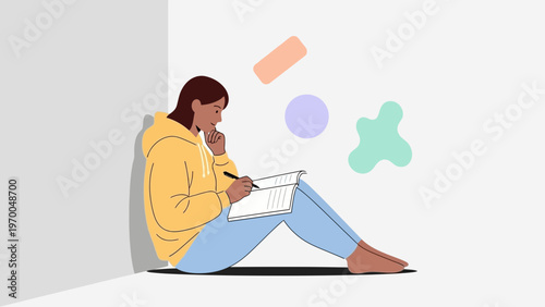 Young Woman Writing in Notebook, Creative Thinking, Studying, Sitting on Floor