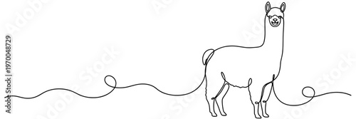 Llama standing on continuous line landscape, simple outline drawing, none editable strokes