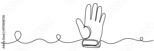 Protective glove hand raised on continuous line background, none editable strokes