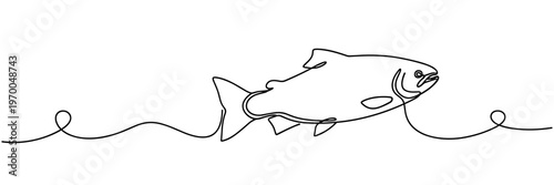 Fish swimming along continuous line wave illustration, none editable strokes