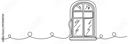 Arched window connected by continuous line on white background, none editable strokes