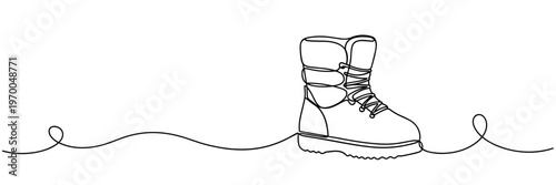 Hiking boot standing on continuous line drawing background, none editable strokes