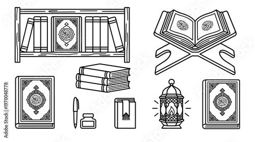 Minimalist Islamic study icons set, clean black-and-white religious and cultural essentials illustration