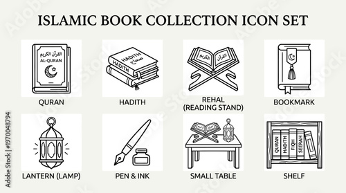 Minimalist Islamic study icons set, clean black-and-white religious and cultural essentials illustration