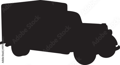 Black silhouette of a delivery truck on white background side view transportation symbol