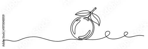Orange with leaf on continuous line in minimalist white background, none editable strokes