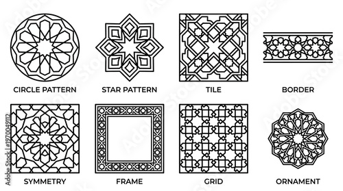 Minimalist geometric pattern icons set, clean black-and-white decorative design essentials illustration