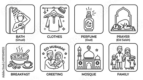 Minimalist daily life icons set, clean black-and-white cultural and religious essentials illustration