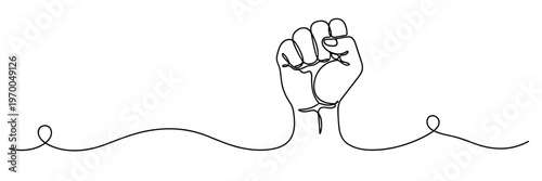 Raised fist emerging from continuous line on white background, none editable strokes