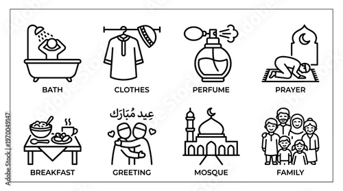 Minimalist daily life icons set, clean black-and-white cultural and religious essentials illustration