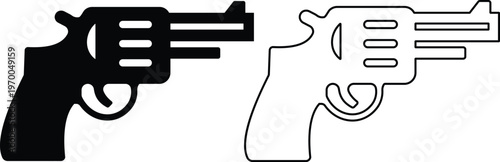 Gun pistol revolver firearm icon set collection group in black flat and line style vector illustration, weapon handgun symbol pack minimal outline design, security defense equipment bundle