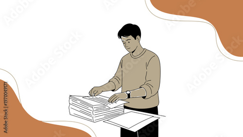 Man sorting documents, office work, paperwork organization, business concept illustration
