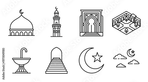 Minimalist Islamic architecture icons set, clean black-and-white cultural essentials illustration