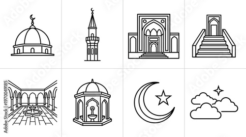 Minimalist Islamic architecture icons set, clean black-and-white cultural essentials illustration