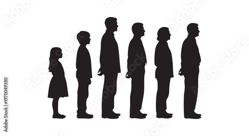 A group of people standing in line with varying heights isolated on transparent background