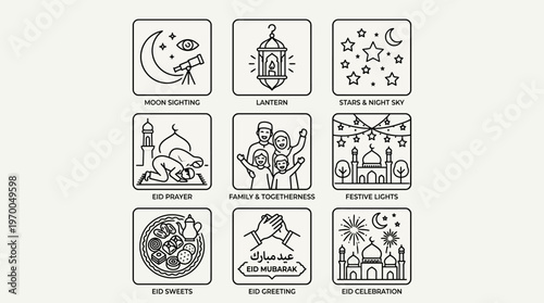 Minimalist Eid celebration icons set, clean black-and-white festive cultural essentials illustration