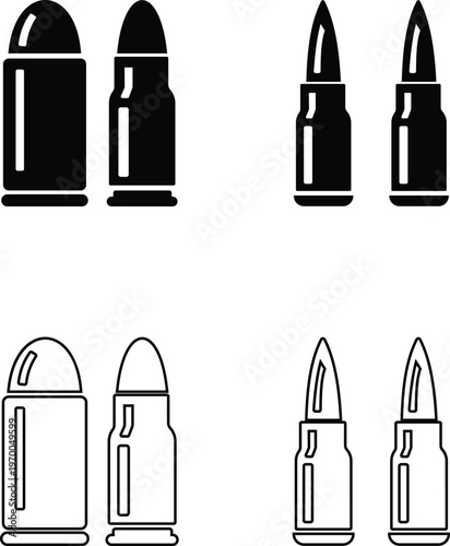 Bullet ammunition cartridge icon set collection group in black flat and line style vector illustration, ammo shell caliber symbol pack minimal outline design, shooting supply elements bundle