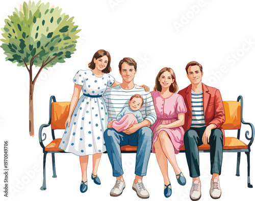 Happy family sitting on park bench with baby, enjoying outdoor time, peaceful moment, smiling faces, illustration of love, parenting