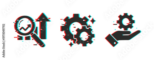 Glitch effect gear icons: growth, optimization, maintenance