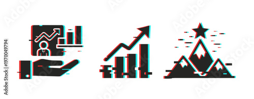 Business growth and success icon set with anaglyph effect