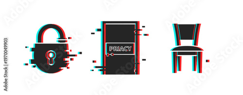Glitch art: lock, privacy door, and chair in digital distortion